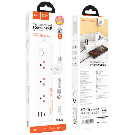 รางปลั๊กไฟ 3 ช่อง 2 USB 1 TYPE-C 1 สวิตช์ HOCO DC133 สีขาว 2300W สายยาว 2M_10