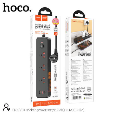 รางปลั๊กไฟ 3 ช่อง 2 USB 1 TYPE-C 1 สวิตช์ HOCO DC133 สีดำ 2300W สายยาว 2M_10