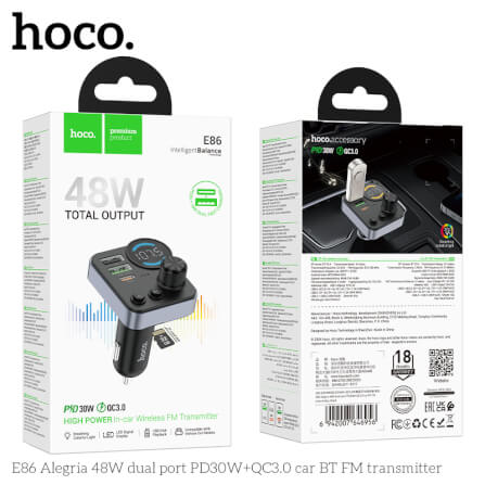 บลูทูธรถยนต์ + หัวชาร์จในรถ 2IN1 HOCO E86 ชาร์จเร็ว PD 30W + QC 3.0 รองรับแฟลชไดรฟ์ TF CARD สีดำ_10