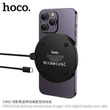 แท่นชาร์จไร้สาย 2IN1 HOCO CW62 ระบบ QI พร้อมหน้าจอ LED กำลังไฟสูงสุด 15W สำหรับสมาร์ทโฟน และ หูฟังไร้สาย สีดำ_2
