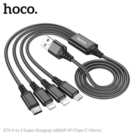 สายชาร์จ 4 หัว HOCO X76 4IN1 สำหรับ IOS (X2) + MICRO + TYPE-C (X2) ยาว 1 เมตร จ่ายไฟเต็ม 2A สีดำ_2