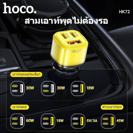 หัวชาร์จในรถ 3 พอร์ต HOCO HK72 พอร์ตชาร์จ TYPE-C X2 + USB X1 รองรับชาร์จเร็ว PD 30W + QC 3.0 สีดำ_3