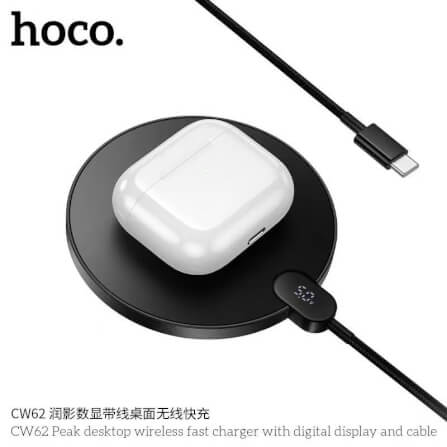 แท่นชาร์จไร้สาย 2IN1 HOCO CW62 ระบบ QI พร้อมหน้าจอ LED กำลังไฟสูงสุด 15W สำหรับสมาร์ทโฟน และ หูฟังไร้สาย สีดำ_3
