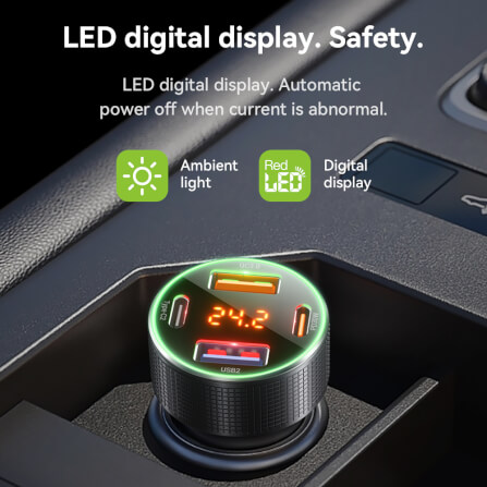 หัวชาร์จในรถยนต์ 4 พอร์ต HOCO HK66 จ่ายไฟสูงสุด 55W รองรับชาร์จเร็ว PD 30W + QC 3.0 มีจอบอกแรงดันไฟ_3