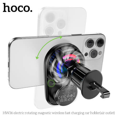 แท่นชาร์จไร้สาย 2-IN-1 HOCO HW36 พร้อมพัดลมระบายความร้อน รุ่นติดช่องแอร์ หมุนอัตโนมัติ จ่ายไฟ 15W_4