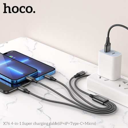 สายชาร์จ 4 หัว HOCO X76 4IN1 สำหรับ IOS (X2) + MICRO + TYPE-C (X2) ยาว 1 เมตร จ่ายไฟเต็ม 2A สีดำ_4