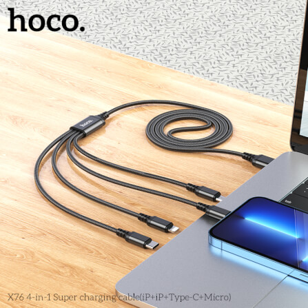 สายชาร์จ 4 หัว HOCO X76 4IN1 สำหรับ IOS (X2) + MICRO + TYPE-C (X2) ยาว 1 เมตร จ่ายไฟเต็ม 2A สีดำ_5