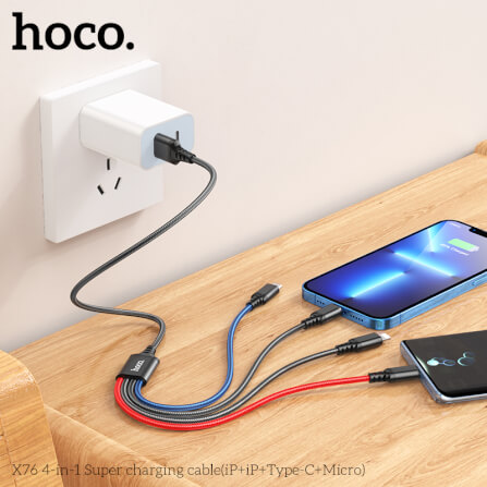 สายชาร์จ 4 หัว HOCO X76 4IN1 สำหรับ IOS (X2) + MICRO + TYPE-C (X2) ยาว 1 เมตร จ่ายไฟเต็ม 2A สีรวม_5
