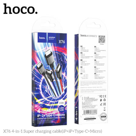 สายชาร์จ 4 หัว HOCO X76 4IN1 สำหรับ IOS (X2) + MICRO + TYPE-C (X2) ยาว 1 เมตร จ่ายไฟเต็ม 2A สีรวม_6