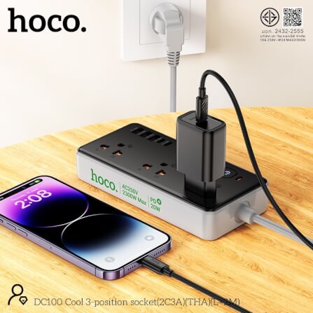 รางปลั๊กไฟ 3ช่อง 3USB 2TYPE-C 1สวิตช์ HOCO DC100 สีดำ 2300W สายยาว 2M_6
