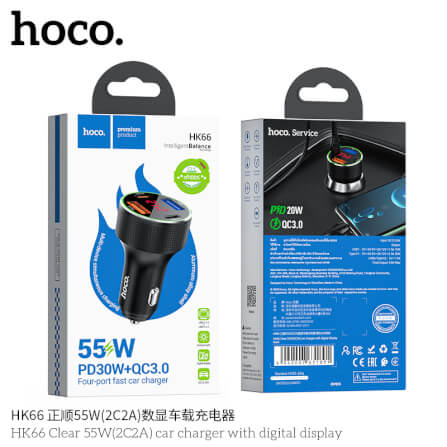 หัวชาร์จในรถยนต์ 4 พอร์ต HOCO HK66 จ่ายไฟสูงสุด 55W รองรับชาร์จเร็ว PD 30W + QC 3.0 มีจอบอกแรงดันไฟ_7