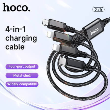 สายชาร์จ 4 หัว HOCO X76 4IN1 สำหรับ IOS (X2) + MICRO + TYPE-C (X2) ยาว 1 เมตร จ่ายไฟเต็ม 2A สีดำ_7