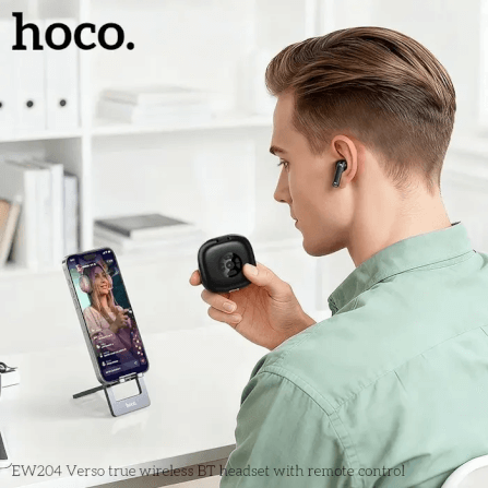 หูฟังไร้สาย HOCO EW204 พร้อมเคสรีโมทคอนโทรล ควบคุมสมาร์ทโฟน การชมวิดีโอ การฟังเพลง การถ่ายรูป สีดำ_7