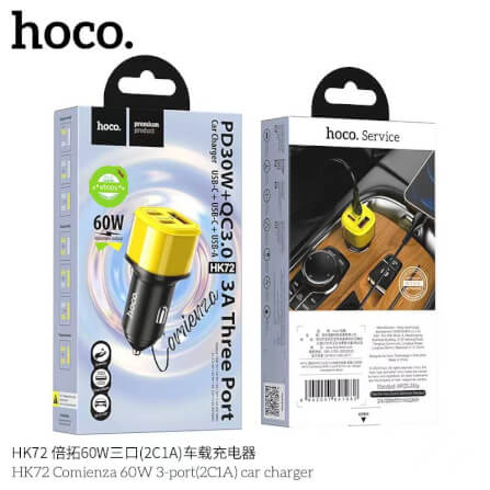 หัวชาร์จในรถ 3 พอร์ต HOCO HK72 พอร์ตชาร์จ TYPE-C X2 + USB X1 รองรับชาร์จเร็ว PD 30W + QC 3.0 สีดำ_8