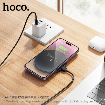แท่นชาร์จไร้สาย 2IN1 HOCO CW62 ระบบ QI พร้อมหน้าจอ LED กำลังไฟสูงสุด 15W สำหรับสมาร์ทโฟน และ หูฟังไร้สาย สีดำ_8