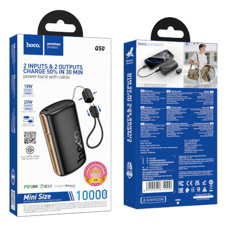 แบตสำรอง HOCO Q50 10000 MAH รองรับชาร์จเร็ว PD 20W + QC 3.0 พร้อมสายชาร์จในตัว สีดำ_8