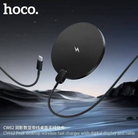 แท่นชาร์จไร้สาย 2IN1 HOCO CW62 ระบบ QI พร้อมหน้าจอ LED กำลังไฟสูงสุด 15W สำหรับสมาร์ทโฟน และ หูฟังไร้สาย สีดำ_9