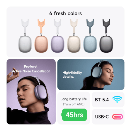 หูฟังบลูทูธ HOCO W65 PLUS สีม่วง  ระบบตัดเสียงรบกวน ANC แบตเตอรี่ 45 ชม. เปลี่ยนที่ครอบหูได้ รองรับ AUX 3.5MM_9