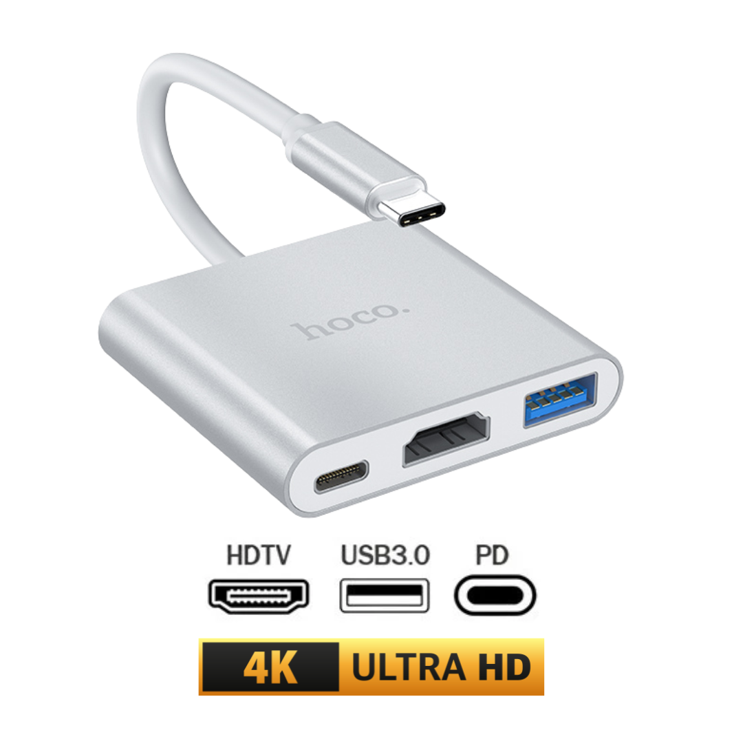 อะแดปเตอร์ฮับ HOCO HB14 แปลงช่อง TYPE-C เป็น 4K HDMI HDTV + USB 3.0 + PD 2.0 สีเงิน_0