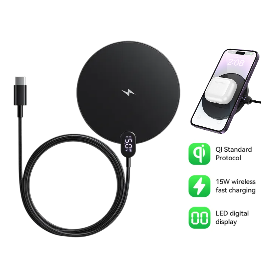 แท่นชาร์จไร้สาย 2IN1 HOCO CW62 ระบบ QI พร้อมหน้าจอ LED กำลังไฟสูงสุด 15W สำหรับสมาร์ทโฟน และ หูฟังไร้สาย สีดำ_0