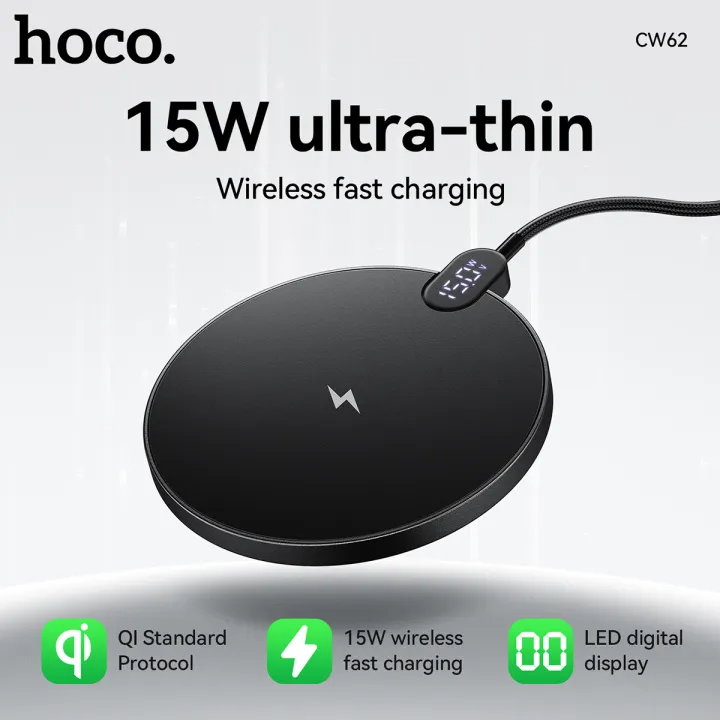 แท่นชาร์จไร้สาย 2IN1 HOCO CW62 ระบบ QI พร้อมหน้าจอ LED กำลังไฟสูงสุด 15W สำหรับสมาร์ทโฟน และ หูฟังไร้สาย สีดำ_1