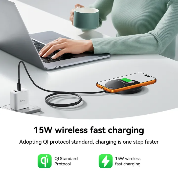 แท่นชาร์จไร้สาย 2IN1 HOCO CW62 ระบบ QI พร้อมหน้าจอ LED กำลังไฟสูงสุด 15W สำหรับสมาร์ทโฟน และ หูฟังไร้สาย สีดำ_2