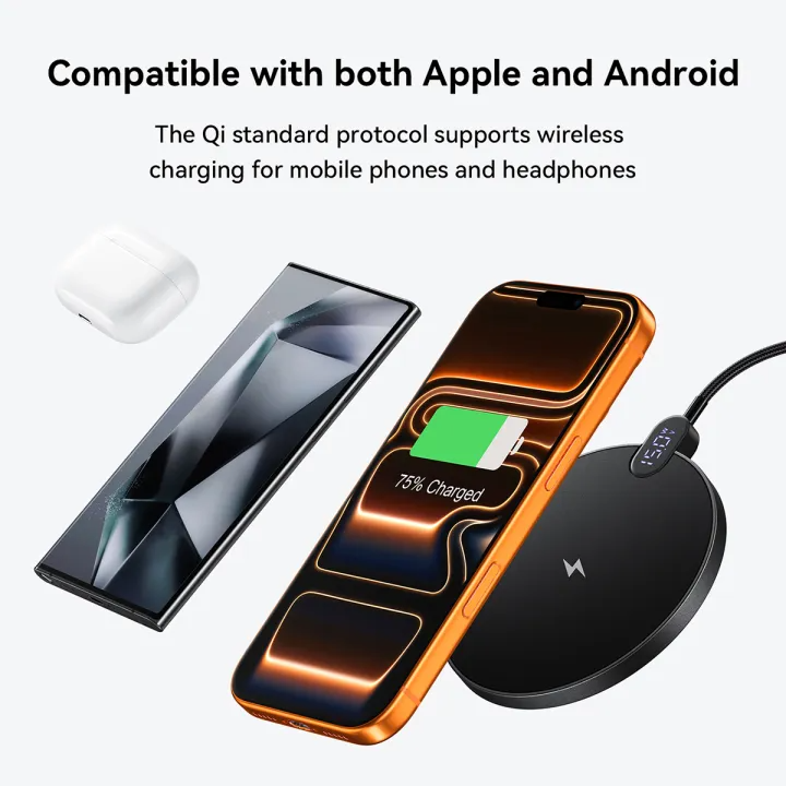 แท่นชาร์จไร้สาย 2IN1 HOCO CW62 ระบบ QI พร้อมหน้าจอ LED กำลังไฟสูงสุด 15W สำหรับสมาร์ทโฟน และ หูฟังไร้สาย สีดำ_4