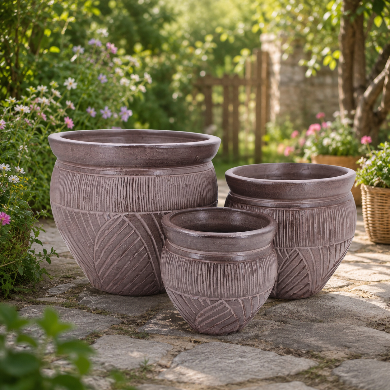ชุดกระถางดินเผา เซ็ต 3ใบ KORAT SANGSUWAN POTTERY รุ่น THKSP028 ตกแต่งลวดลายธรรมชาติ 10 นิ้ว สีน้ำตาล_5