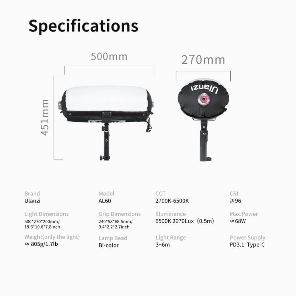 ไฟ LED แบบเป่าลม ULANZI AL60 กำลังไฟ 68W ขนาดพกพา สีดำ ไฟเซลฟี่ ไฟถ่ายภาพ ไฟถ่ายสินค้า_9