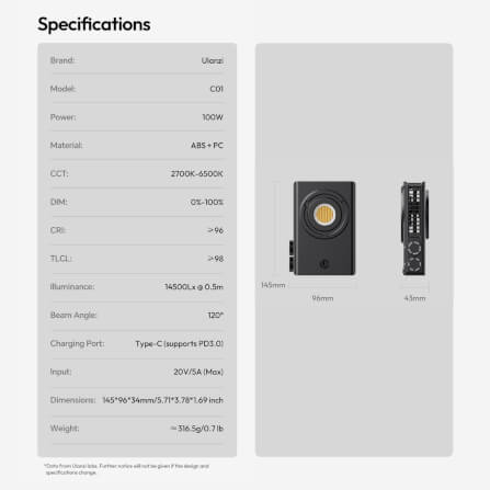 ไฟ COB ULANZI กำลังไฟ 100W C01 ขนาดพกพา สีดำ_10