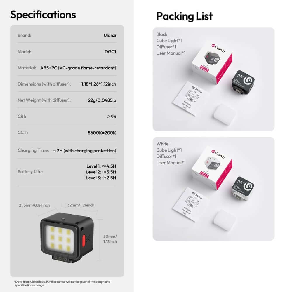 ไฟ LED อเนกประสงค์ ULANZI DG01 พร้อม DIFFUSER ขนาดพกพา สีขาว ไฟเซลฟี่ ไฟติดหัวกล้อง ไฟดารา