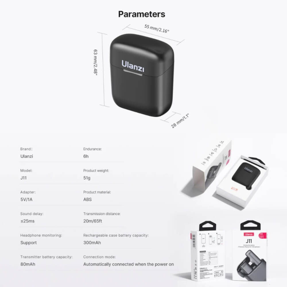 ไมโครโฟนไร้สาย ULANZI J11 ขนาดพกพา สีดำ
