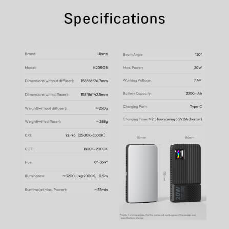 ไฟ LED อเนกประสงค์ ULANZI K20 RGB ขนาดพกพา สีดำ ไฟเซลฟี่ ไฟติดหัวกล้อง ไฟดารา_10