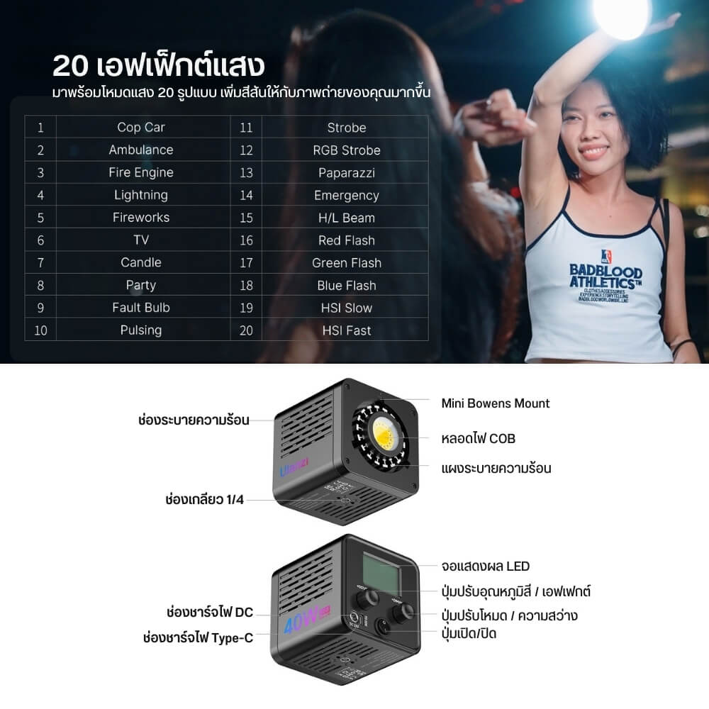 ไฟต่อเนื่อง ULANZI L024 RGB กำลังไฟ 40W ขนาดพกพา สีดำ_5