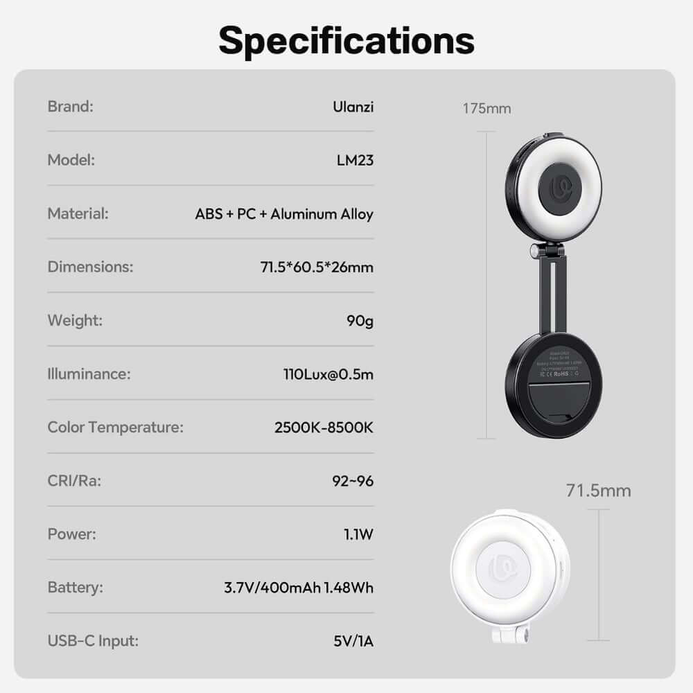 ไฟ LED อเนกประสงค์ ULANZI LM23 ขนาดพกพา สีดำ ไฟเซลฟี่สำหรับมือถือ MAGSEFE กระจกเซลฟี่ในตัว