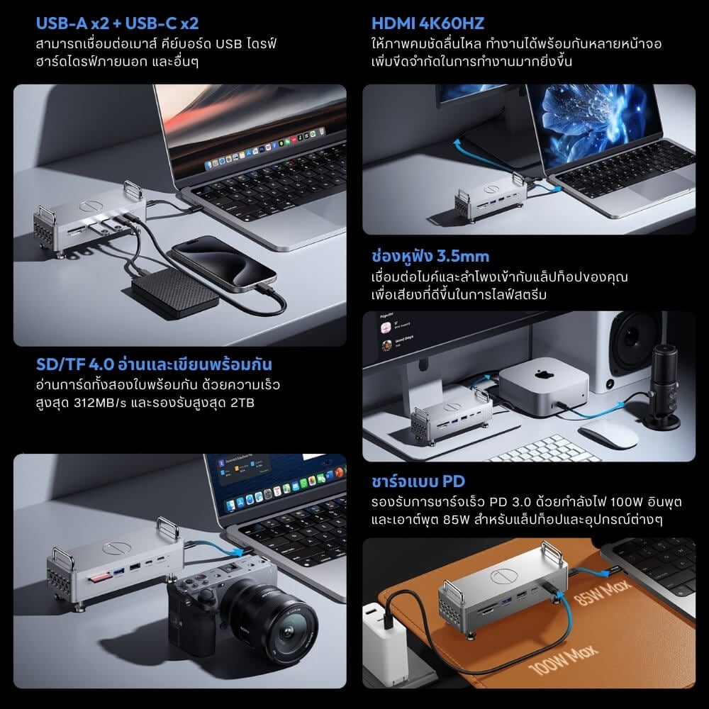 ด็อกกิ้งสเตชั่น พร้อมช่องใส่ SSD ULANZI QT03 ขนาดพกพา สีเงิน_7