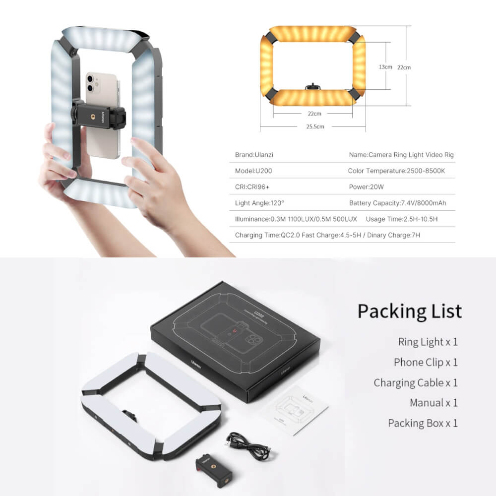 ไฟวงแหวน ULANZI U200 ขนาดพกพา สีดำ พร้อมด้ามจับมือถือไฟในตัว