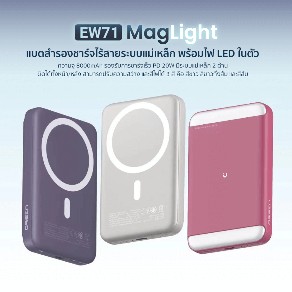 แบตสำรอง ORSEN BY ELOOP EW71 สีแดง 8000MAH ชาร์จไร้สาย PD 20W มีไฟ LED FILL LIGHT ไฟเซลฟี่ TYPE C แบตสำรอง แบบแม่เหล็ก MAGLIGHT POWERBANK MAGNETIC WIRELESS CHARGE พาวเวอร์แบงค์ FOR PHONE 12/13/14/15/16 และ ANDROID รุ่นที่รองรัจ