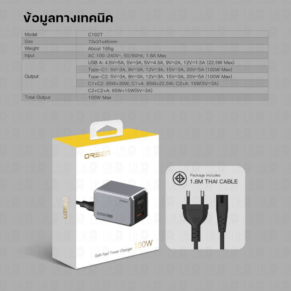 หัวชาร์จ ORSEN BY ELOOP C102T ชาร์จเร็ว 100W PD QC PPS พร้อมสายไฟยาว 1.8 เมตร