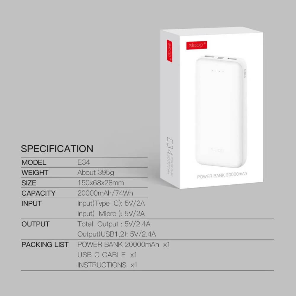 แบตสำรอง ORSEN BY ELOOP E34 สีดำ 20000MAH POWERBANK 2.4A 12W_8
