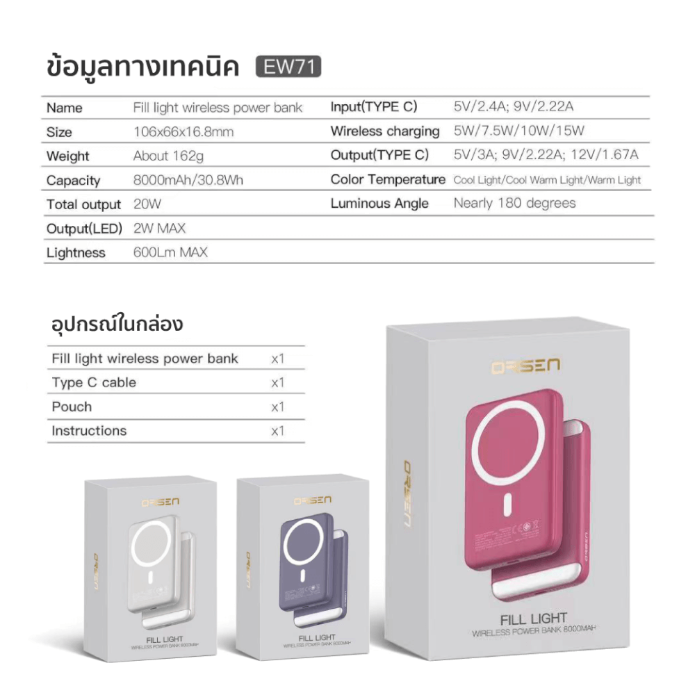 แบตสำรอง ORSEN BY ELOOP EW71 สีม่วง 8000MAH ชาร์จไร้สาย PD 20W_8