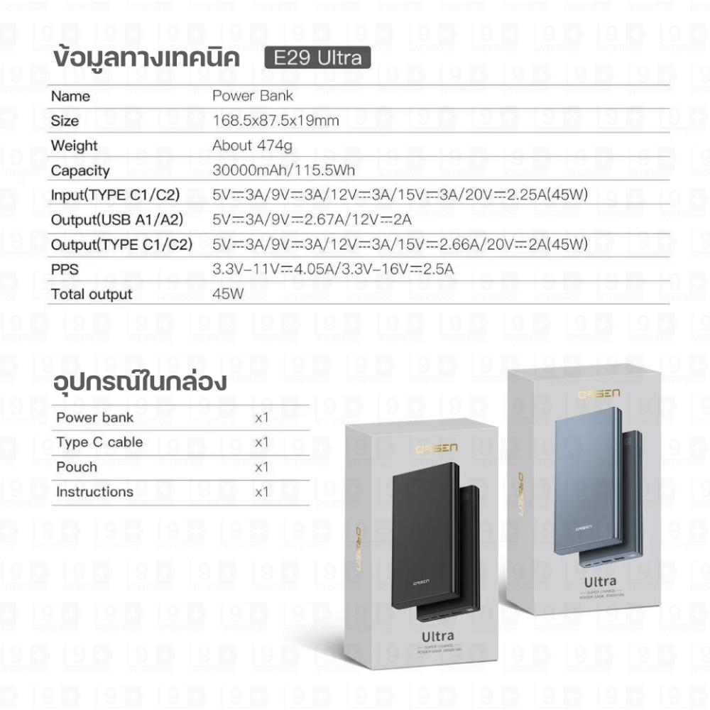 แบตสำรอง ORSEN BY ELOOP E29ULTRA สีดำ 30000MAH PD 45W | QC 3.0
