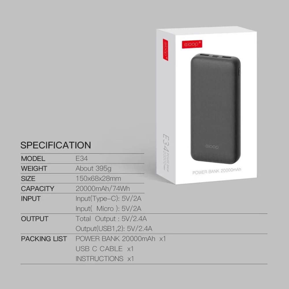 แบตสำรอง ORSEN BY ELOOP E34 สีดำ 20000MAH POWERBANK 2.4A 12W_9