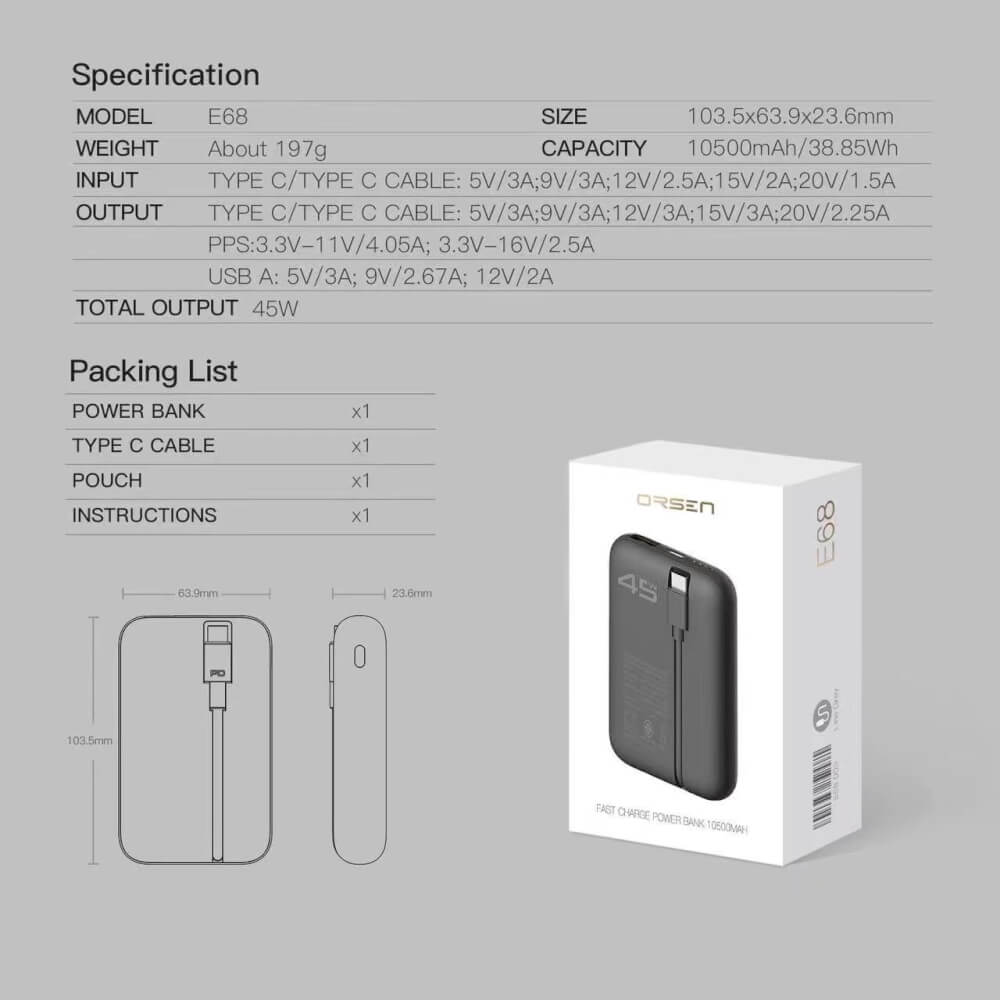 แบตสำรอง ORSEN BY ELOOP E67 สีเทา 10500MAH ชาร์จเร็ว PD 45W