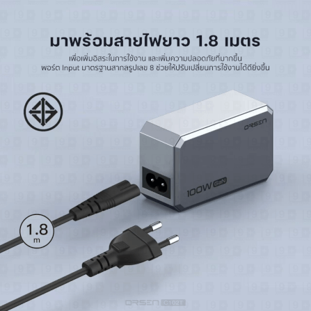 หัวชาร์จ ORSEN BY ELOOP C102T ชาร์จเร็ว 100W PD QC PPS พร้อมสายไฟยาว 1.8 เมตร_4
