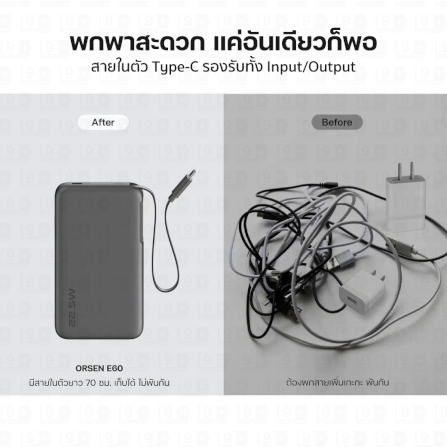 แบตสำรอง ORSEN BY ELOOP E60 สีน้ำเงิน 10000MAH ชาร์จเร็ว 22.5W มีสายในตัว_5