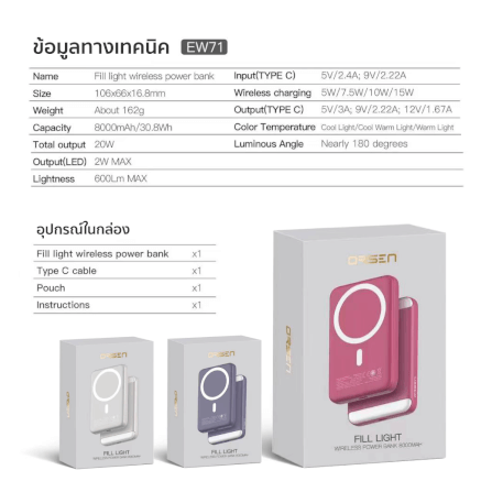 แบตสำรอง ORSEN BY ELOOP EW71 สีแดง 8000MAH ชาร์จไร้สาย PD 20W มีไฟ LED FILL LIGHT ไฟเซลฟี่ TYPE C แบตสำรอง แบบแม่เหล็ก MAGLIGHT POWERBANK MAGNETIC WIRELESS CHARGE พาวเวอร์แบงค์ FOR PHONE 12/13/14/15/16 และ ANDROID รุ่นที่รองรัจ_9