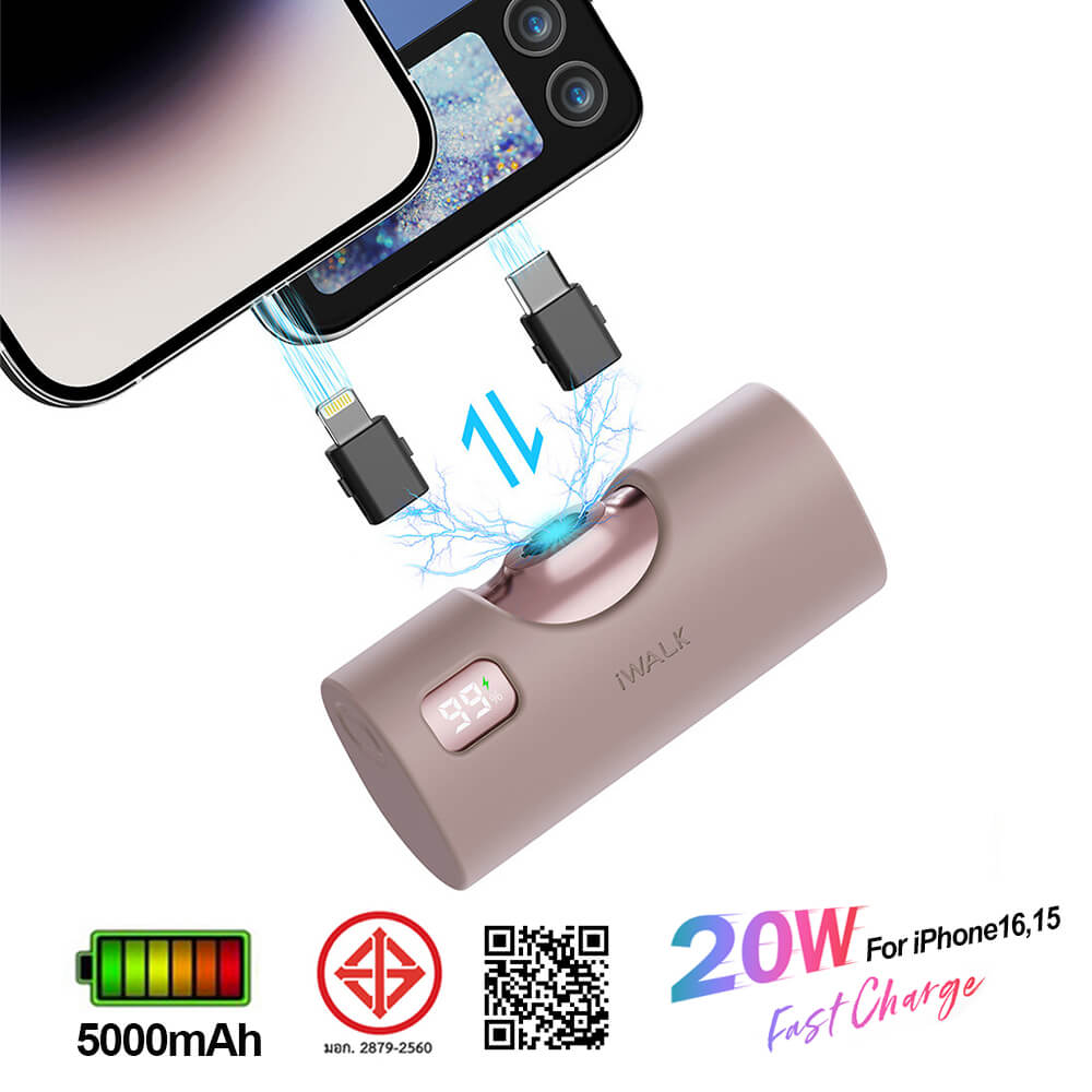 แบตเตอรี่สำรอง IWALK LINKPODX 5000 MAH สี ROSEGOLD เปลี่ยนหัวชาร์จได้ทั้ง LIGHTNING และ TYPEC_1