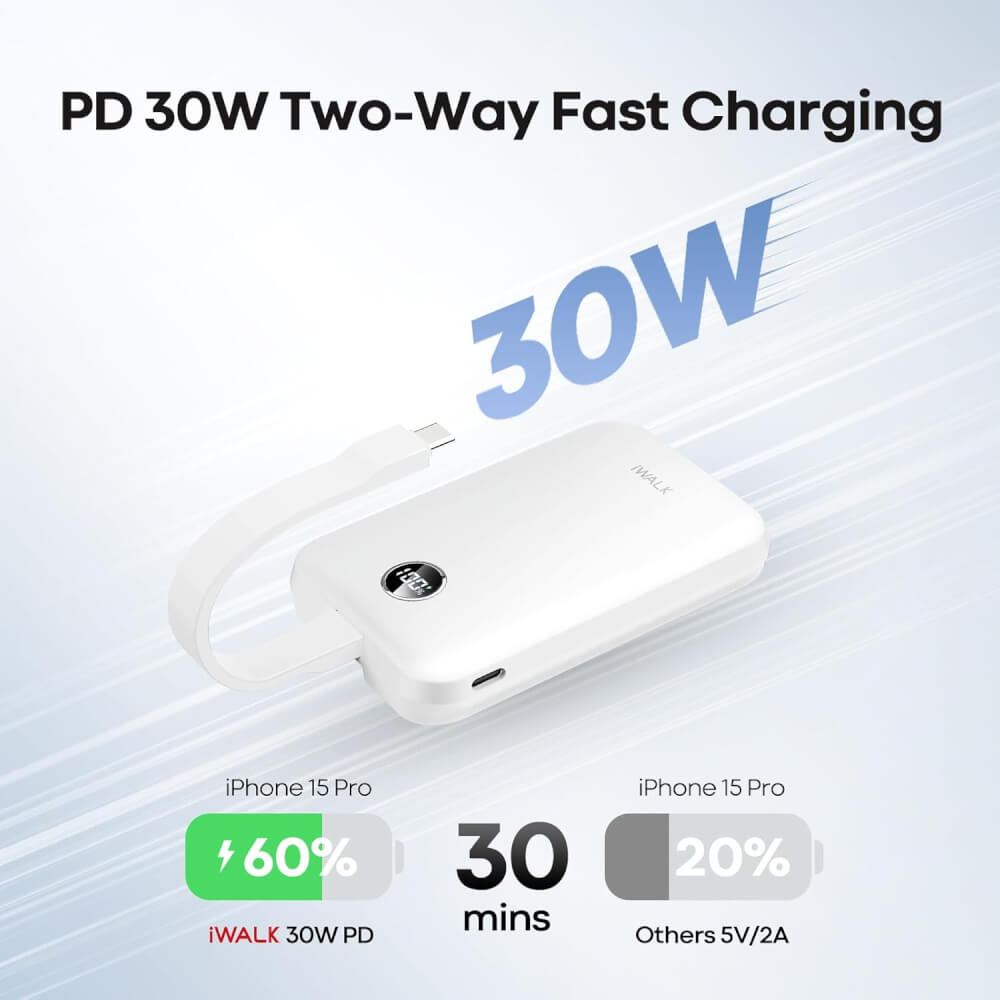 แบตเตอร์รี่สำรอง IWALK POWER HYBRID 10000MAH สี WHITE ชาร์จระบบ MAGSAFE มาพร้อมสายชาร์จในตัว รองรับการชาร์จเร็ว 30W FASTCHARGE