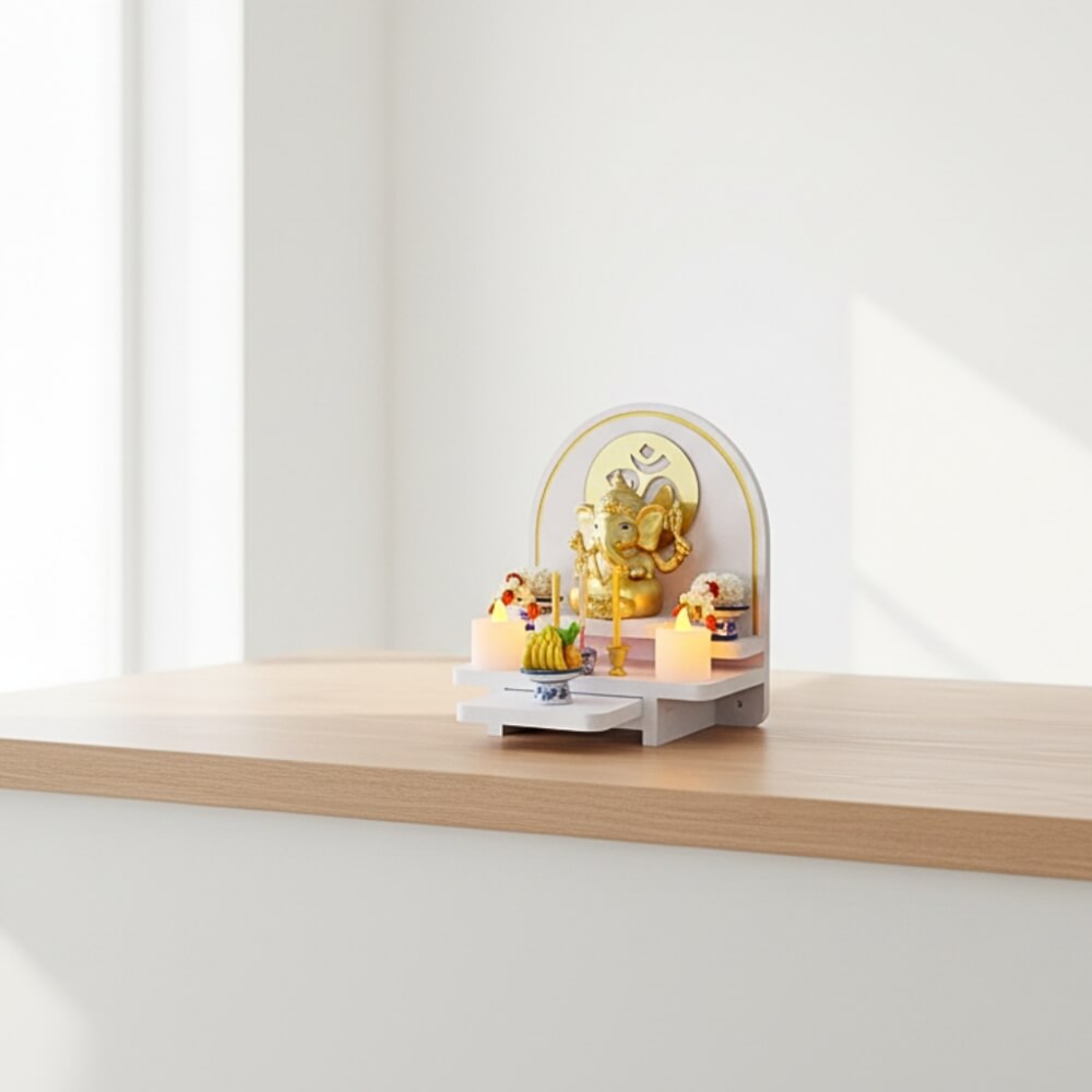 หิ้งพระตั้งโต๊ะและติดผนัง KAF รุ่น BIGPLUS01-AC ขนาดเล็ก ลายโอม กระจกทอง พร้อมถาดสไลด์_6